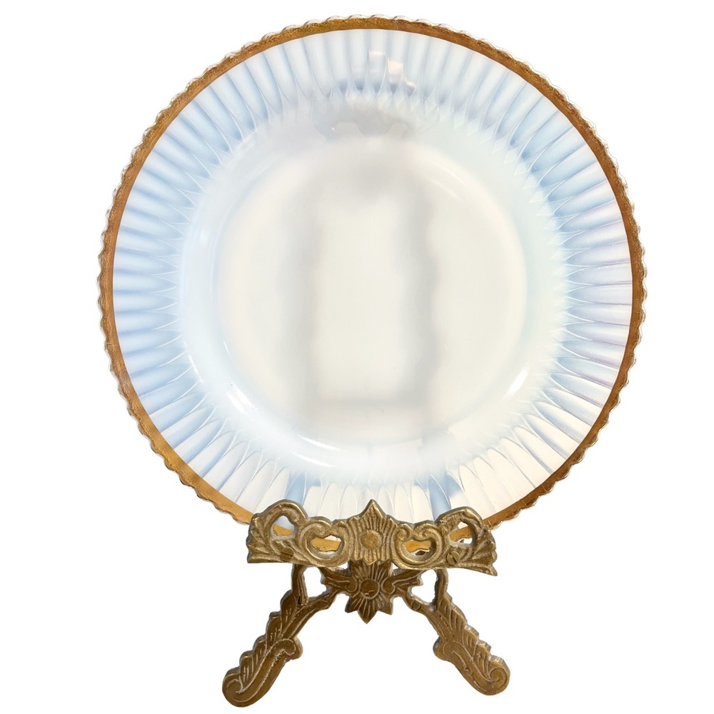 Vintage Petalware Dinner Plate by MacBeth Evans, Gold Rim Opal White Glass Pearl